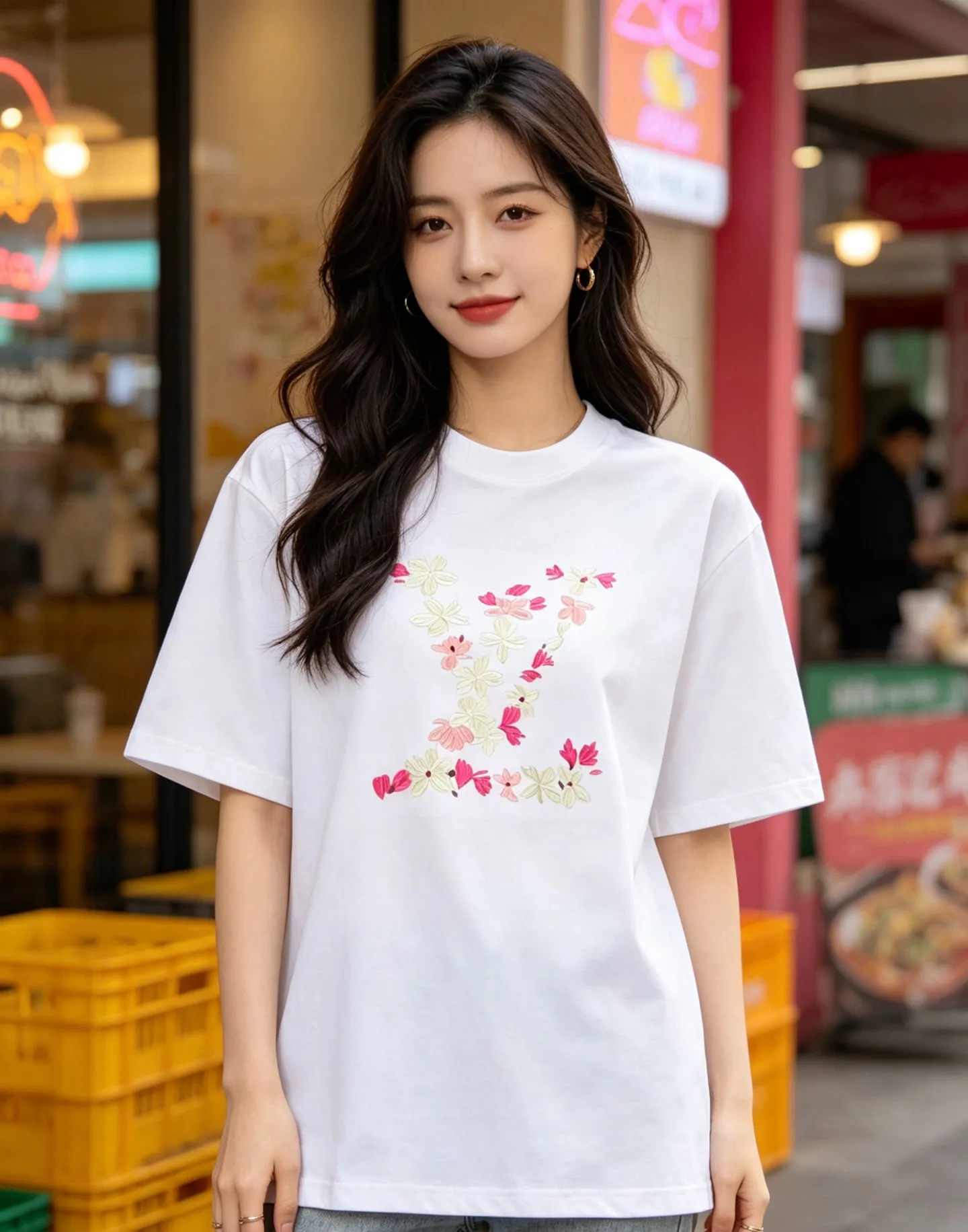 Louis Vuitton/Louis Vuitton 26ss cherry blossom embroidered LV logo short sleeves
